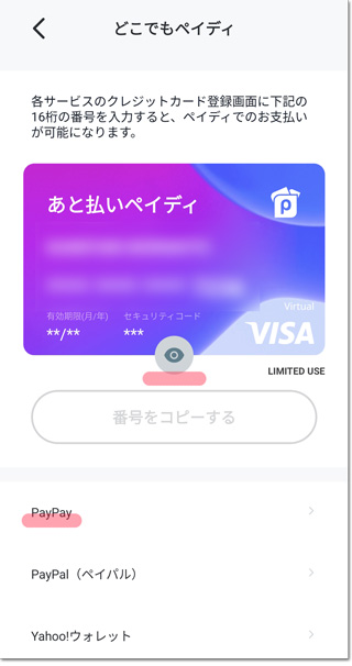 VISAカードの番号をメモし「PayPay」をクリック
